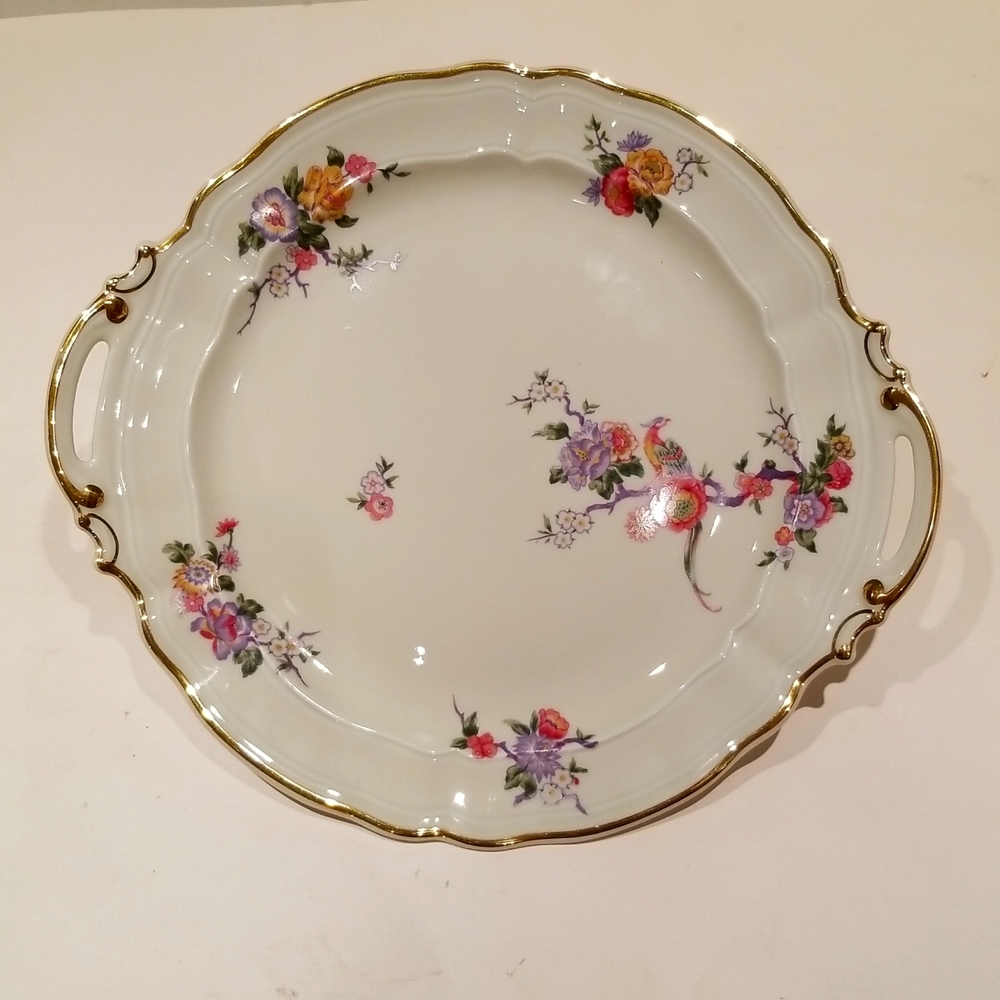 VINTAGE Bernardaud Limoges Porcelain Cake Plate WITH TWO gilt HANDLES